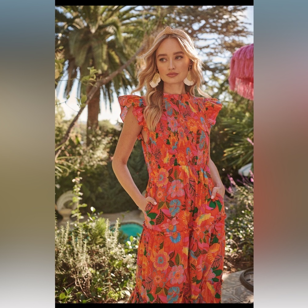 SugarLips Idalia Floral Smocked Midi Dress Orange Mutli - Picture 1 of 7